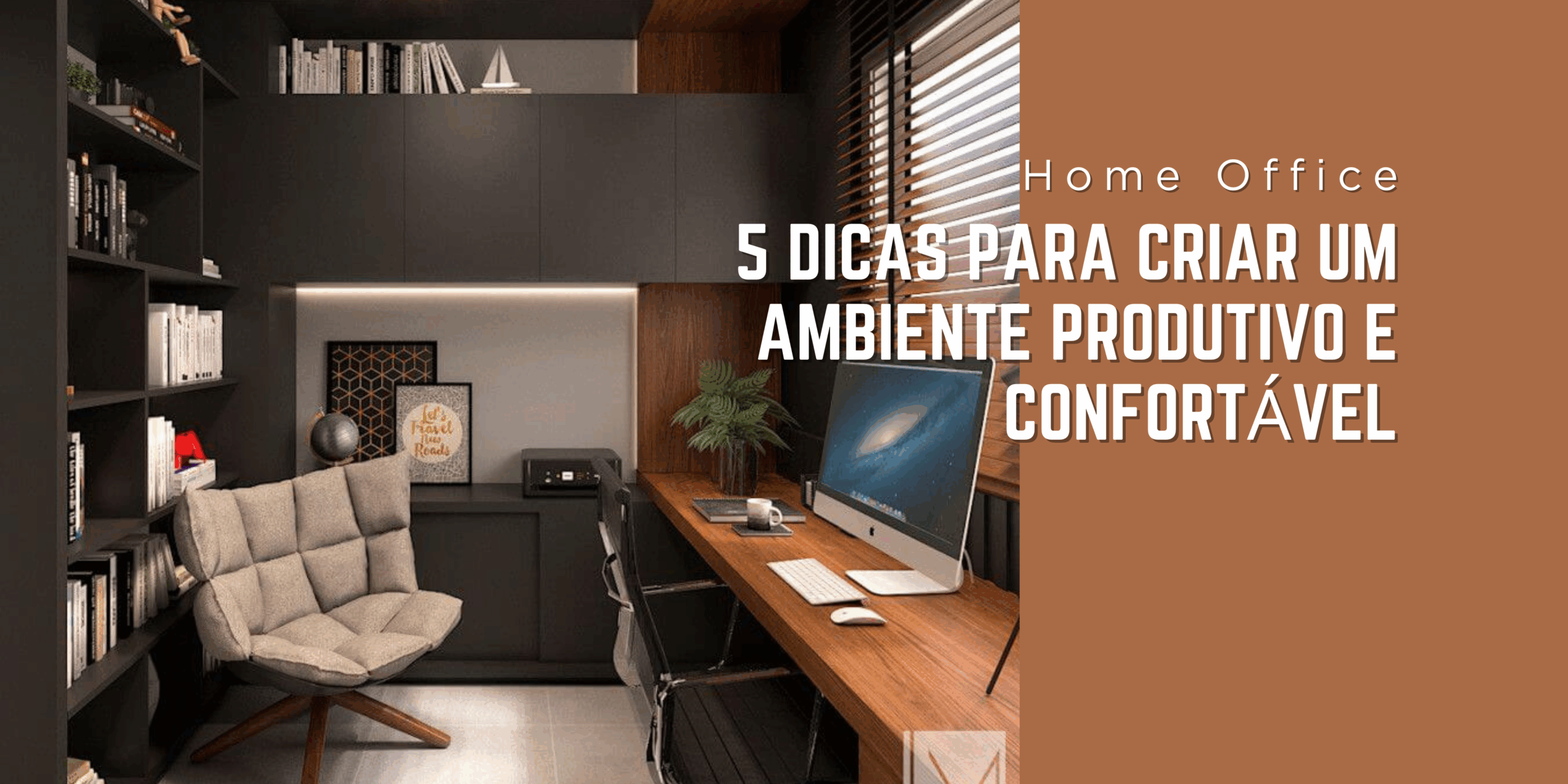 Home office moderno com móveis sob medida, destacando a ergonomia, a organização e a iluminação para alta produtividade.